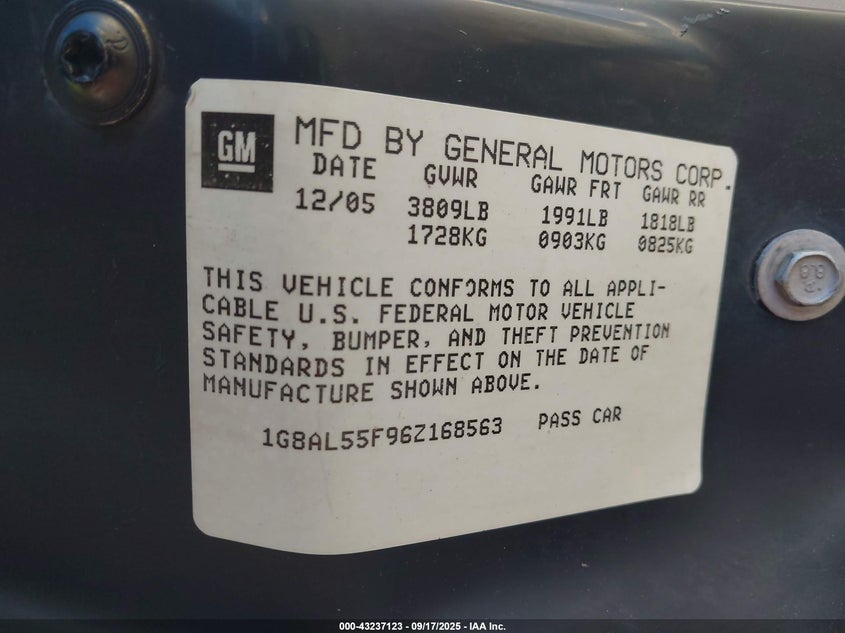 2006 Saturn Ion 3 VIN: 1G8AL55F96Z168563 Lot: 43237123