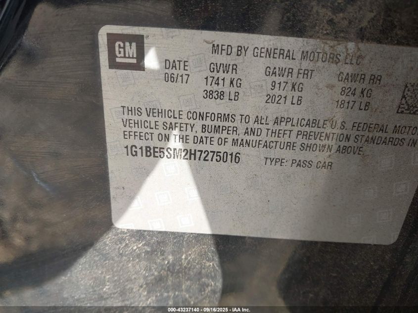 2017 Chevrolet Cruze Lt Auto VIN: 1G1BE5SM2H7275016 Lot: 43237140