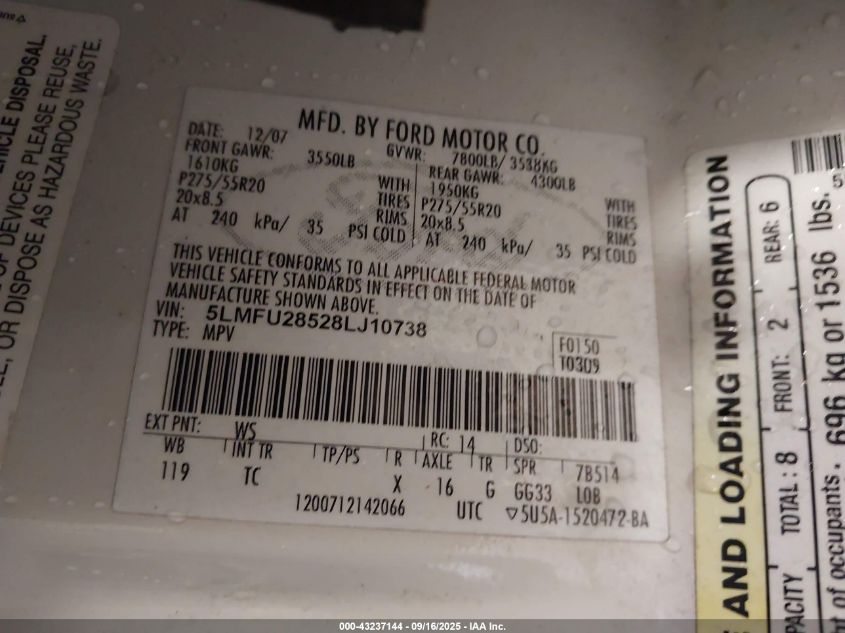 2008 Lincoln Navigator VIN: 5LMFU28528LJ10738 Lot: 43237144