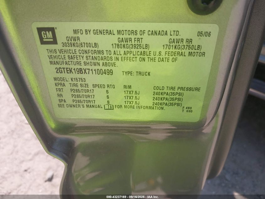 2007 GMC Sierra 1500 Classic Sle1 VIN: 2GTEK19BX71100499 Lot: 43237169