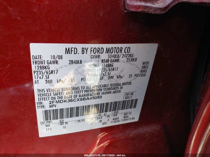 2009 Ford Edge Se VIN: 2FMDK36CX9BA45050 Lot: 43237175