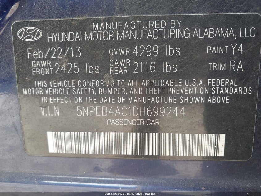 2013 HYUNDAI SONATA GLS - 5NPEB4AC1DH699244