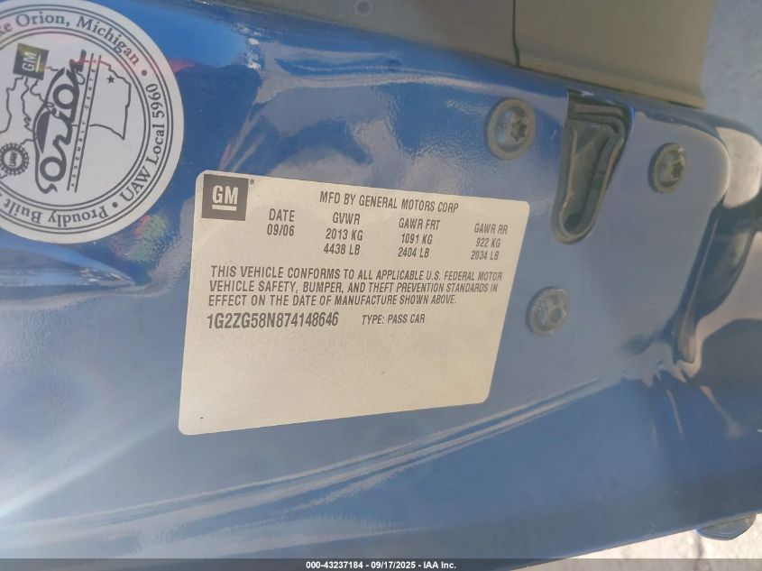 2007 Pontiac G6 VIN: 1G2ZG58N874148646 Lot: 43237184