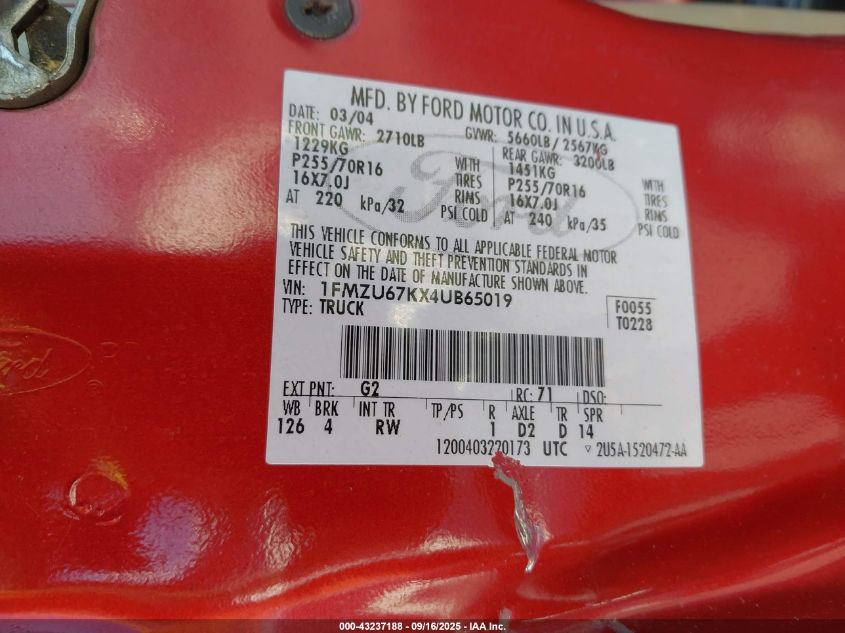 2004 Ford Explorer Sport Trac Adrenalin/Xls/Xlt VIN: 1FMZU67KX4UB65019 Lot: 43237188