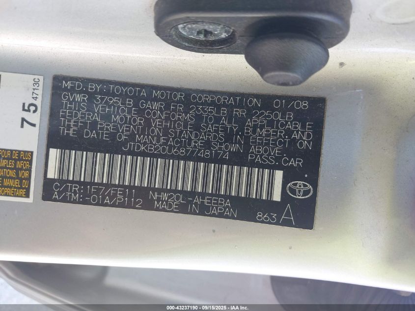 2008 Toyota Prius VIN: JTDKB20U687748174 Lot: 43237190