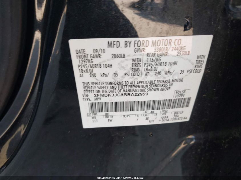 2011 Ford Edge Sel VIN: 2FMDK3JC8BBA22959 Lot: 43237195