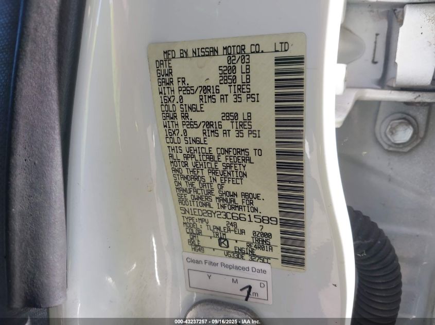 2003 Nissan Xterra Xe VIN: 5N1ED28Y23C661589 Lot: 43237257