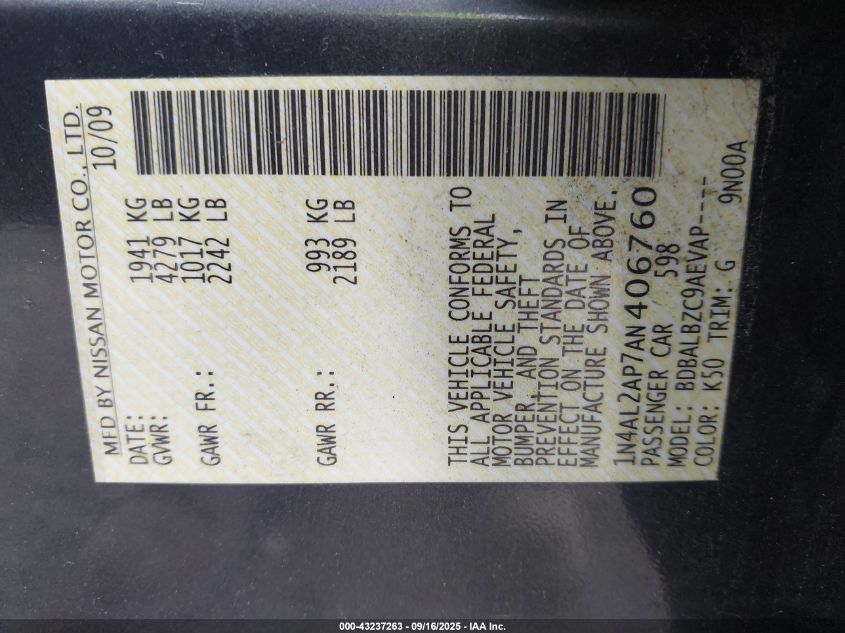 2010 Nissan Altima 2.5 S VIN: 1N4AL2AP7AN406760 Lot: 43237263