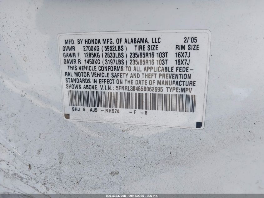 2005 Honda Odyssey Ex VIN: 5FNRL38465B062695 Lot: 43237268