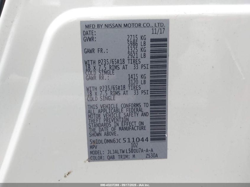 2018 Infiniti Qx60 VIN: 5N1DL0MN6JC511044 Lot: 43237288