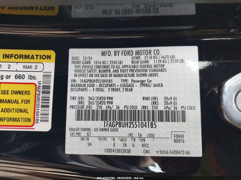 2025 Ford Mustang Ecoboost Premium VIN: 1FAGP8UH2S5104185 Lot: 43237294