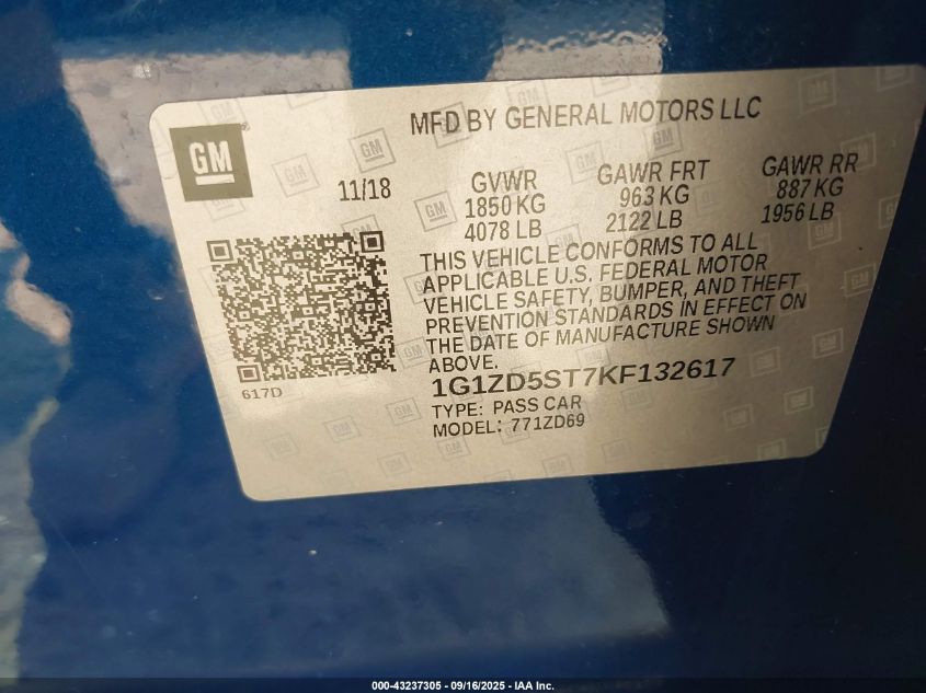 2019 Chevrolet Malibu Lt VIN: 1G1ZD5ST7KF132617 Lot: 43237305