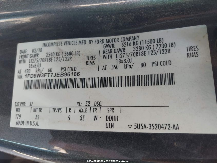 2018 Ford F-350 Chassis Xl VIN: 1FD8W3FT7JEB96166 Lot: 43237338