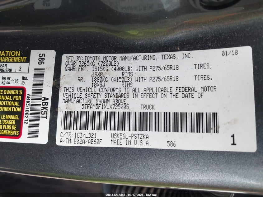 2018 TOYOTA TUNDRA 1794 5.7L V8 - 5TFAY5F1XJX725205