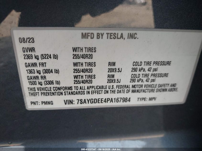 2023 Tesla Model Y Awd/Long Range Dual Motor All-Wheel Drive VIN: 7SAYGDEE4PA167984 Lot: 43237347