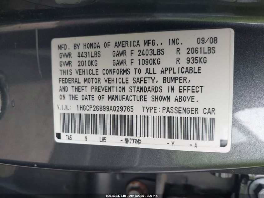 2009 Honda Accord 2.4 Ex-L VIN: 1HGCP26899A029765 Lot: 43237348