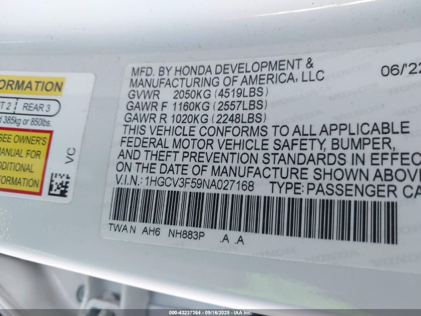 2022 Honda Accord Hybrid Ex-L VIN: 1HGCV3F59NA027168 Lot: 43237364