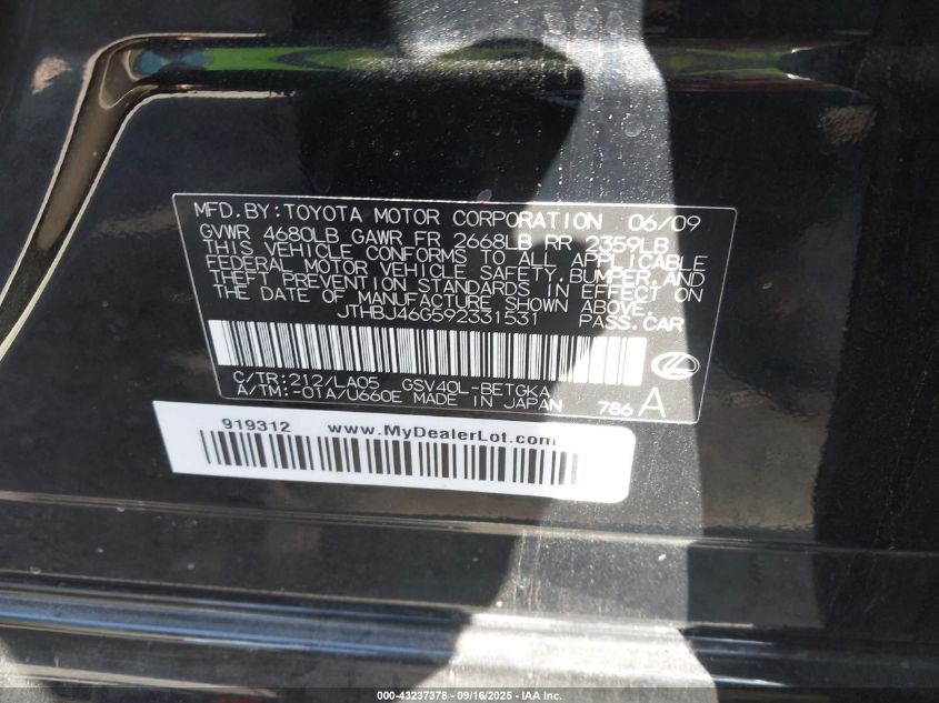 2009 Lexus Es 350 VIN: JTHBJ46G592331531 Lot: 43237378