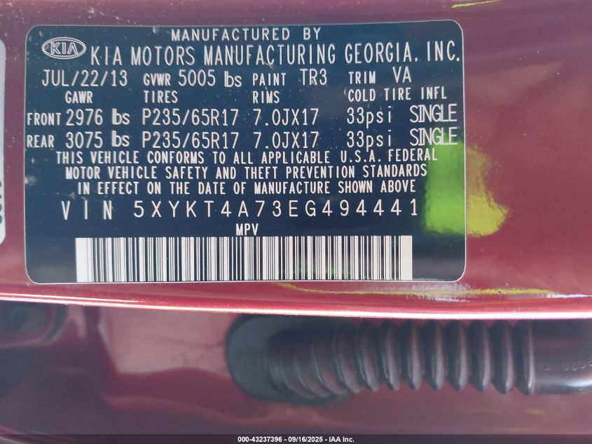 2014 Kia Sorento Lx V6 VIN: 5XYKT4A73EG494441 Lot: 43237396