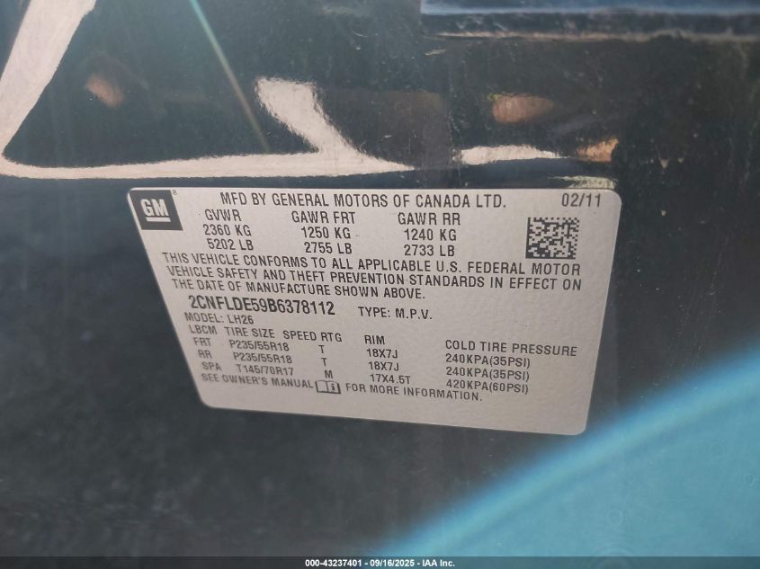 2011 Chevrolet Equinox 1Lt VIN: 2CNFLDE59B6378112 Lot: 43237401