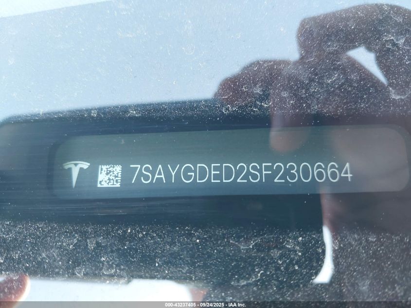 2025 Tesla Model Y Long Range Dual Motor All-Wheel Drive VIN: 7SAYGDED2SF230664 Lot: 43237405