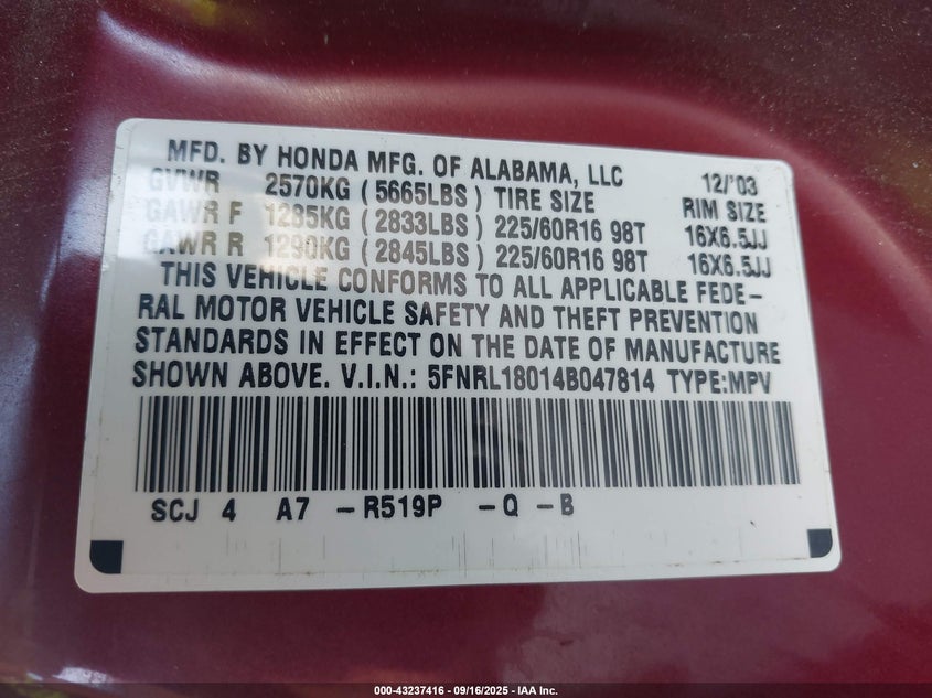 2004 Honda Odyssey Ex-L VIN: 5FNRL18014B047814 Lot: 43237416