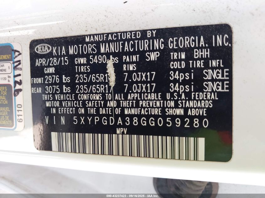 2016 Kia Sorento 2.4L Lx VIN: 5XYPGDA38GG059280 Lot: 43237423