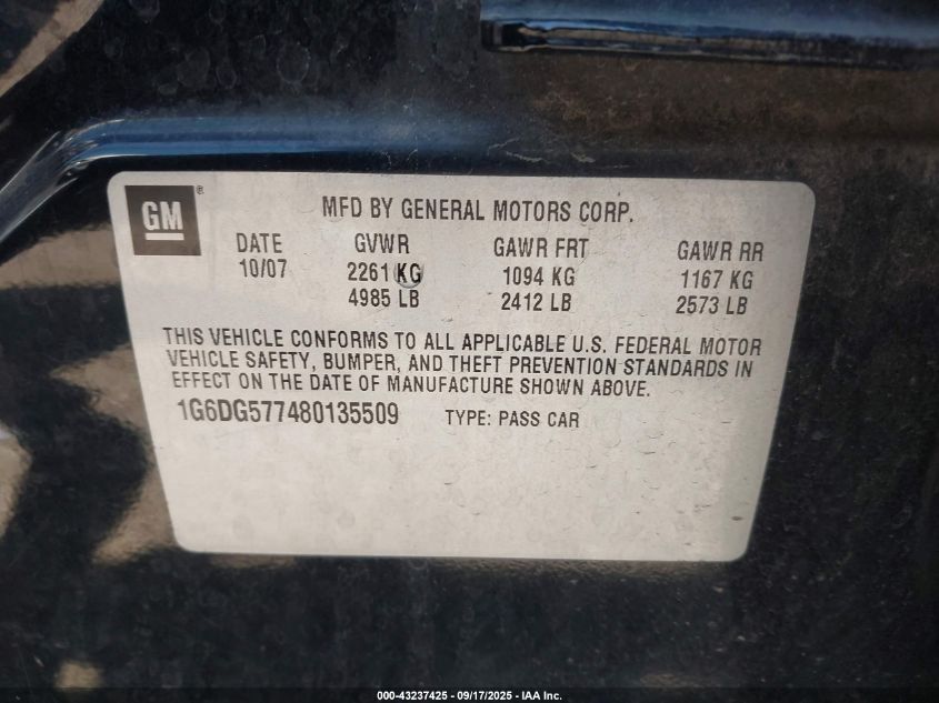 2008 Cadillac Cts Standard VIN: 1G6DG577480135509 Lot: 43237425