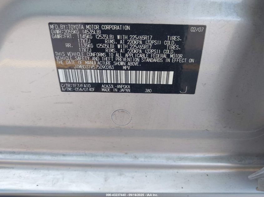 2007 Toyota Rav4 Limited VIN: JTMBD31V575090283 Lot: 43237440