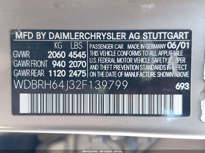 2002 Mercedes-Benz C 320 VIN: WDBRH64J32F139799 Lot: 43237443