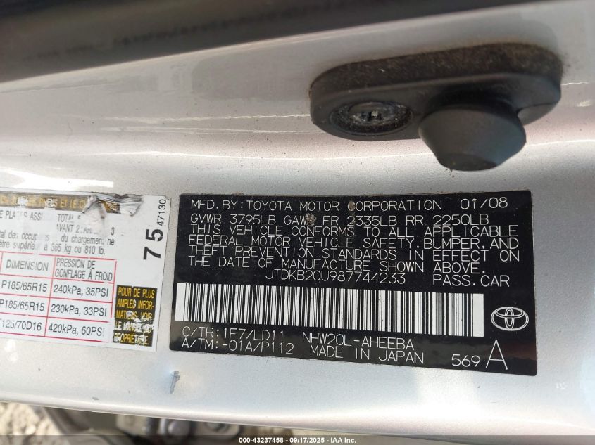 2008 Toyota Prius VIN: JTDKB20U987744233 Lot: 43237458