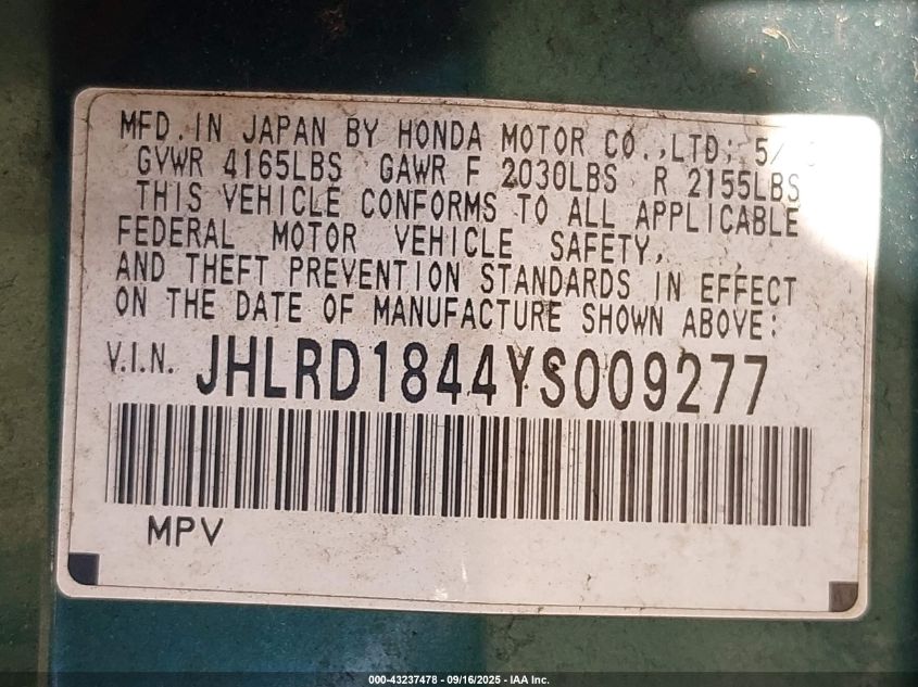 2000 Honda Cr-V Lx VIN: JHLRD1844YS009277 Lot: 43237478