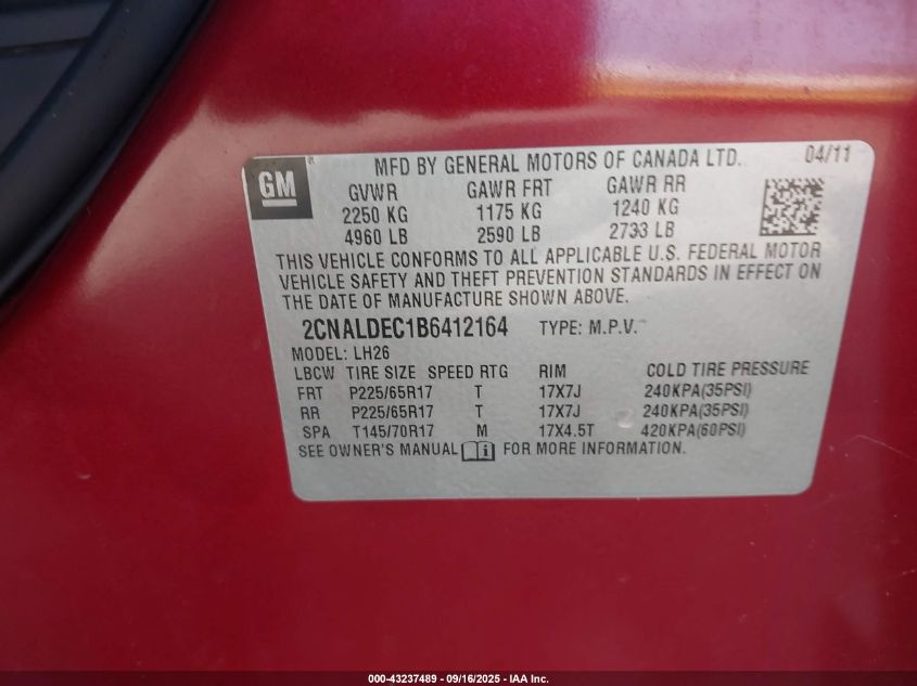 2011 Chevrolet Equinox 1Lt VIN: 2CNALDEC1B6412164 Lot: 43237489