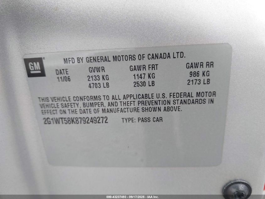 2007 Chevrolet Impala Lt VIN: 2G1WT58K879249272 Lot: 43237493