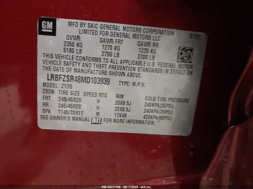 2021 Buick Envision Awd Avenir VIN: LRBFZSR48MD103939 Lot: 43237496