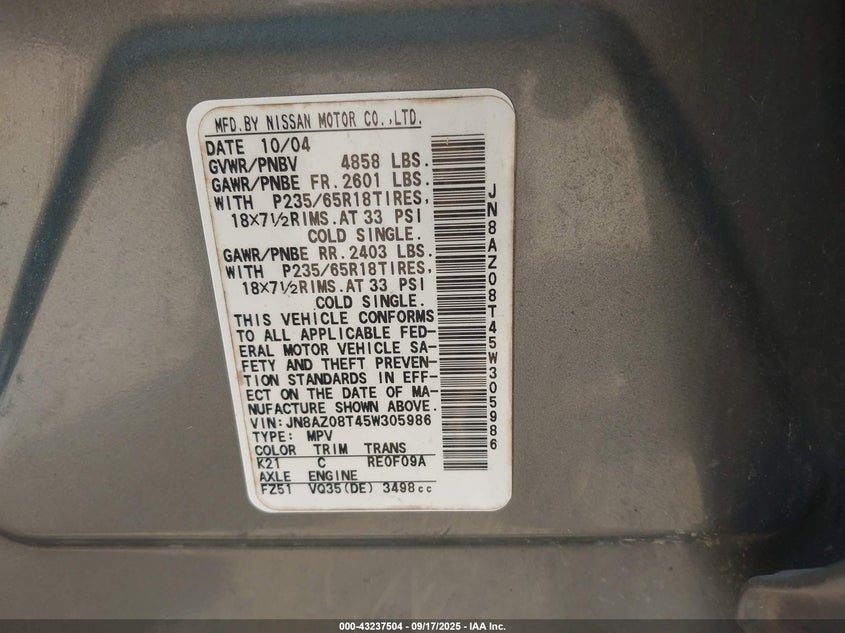 2005 Nissan Murano Sl VIN: JN8AZ08T45W305986 Lot: 43237504