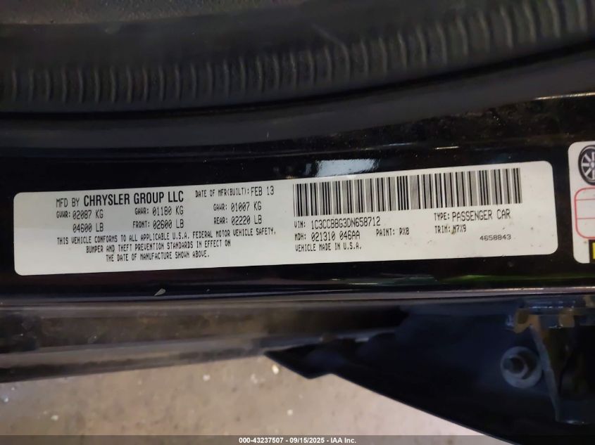 2013 Chrysler 200 Touring VIN: 1C3CCBBG3DN658712 Lot: 43237507