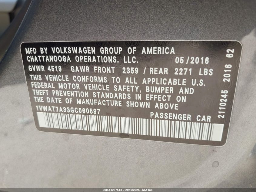 2016 Volkswagen Passat 1.8T S VIN: 1VWAT7A33GC060597 Lot: 43237513
