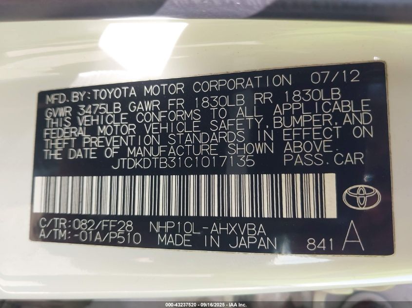 2012 Toyota Prius C Two VIN: JTDKDTB31C1017135 Lot: 43237520