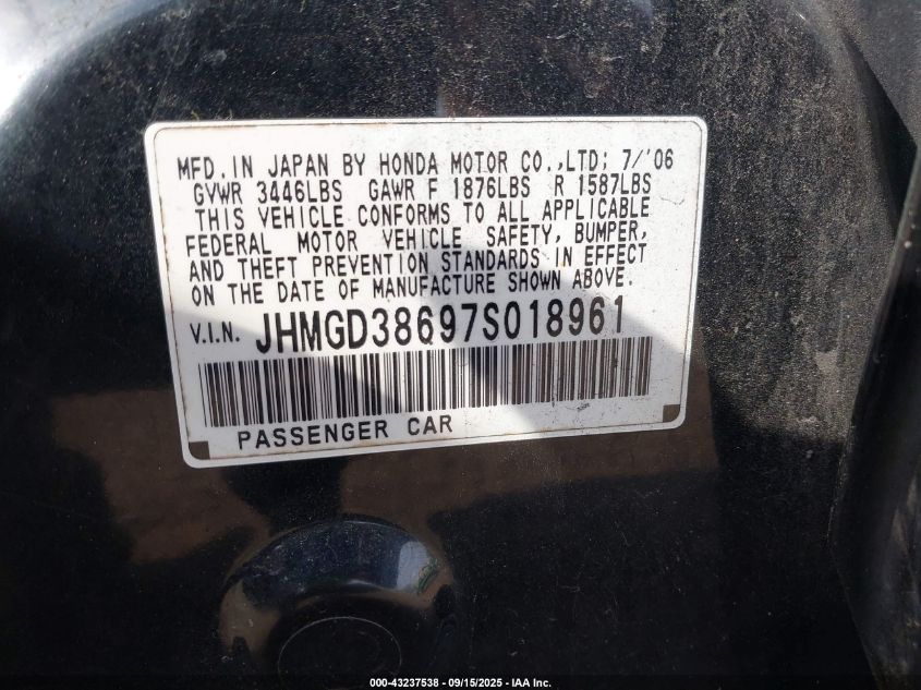 2007 Honda Fit Sport VIN: JHMGD38697S018961 Lot: 43237538