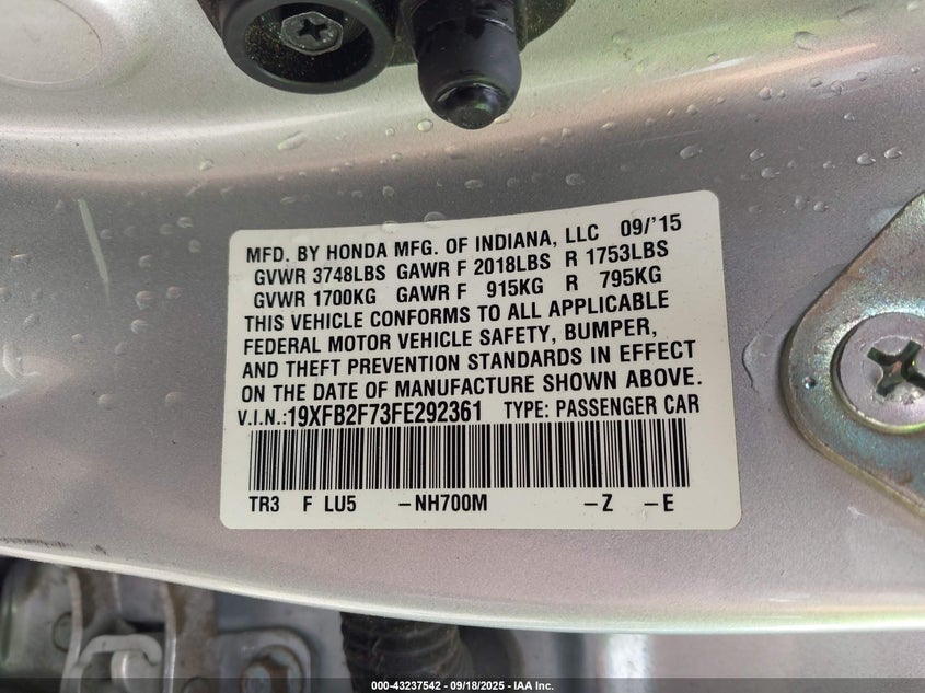 2015 HONDA CIVIC SE - 19XFB2F73FE292361