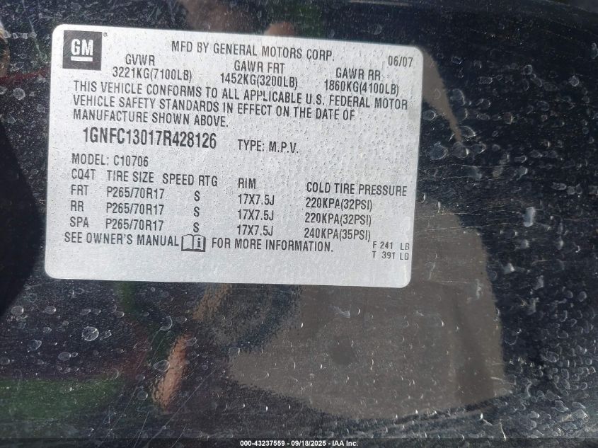 2007 Chevrolet Tahoe Lt VIN: 1GNFC13017R428126 Lot: 43237559