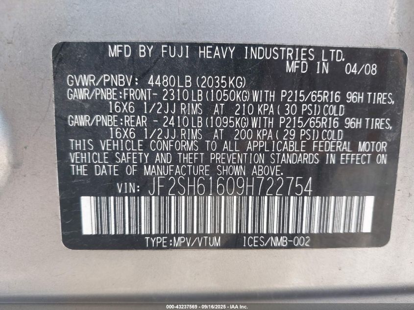 2009 Subaru Forester 2.5X VIN: JF2SH61609H722754 Lot: 43237569