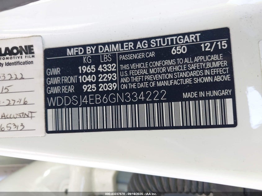 2016 MERCEDES-BENZ CLA 250 WDDSJ4EB6GN334222