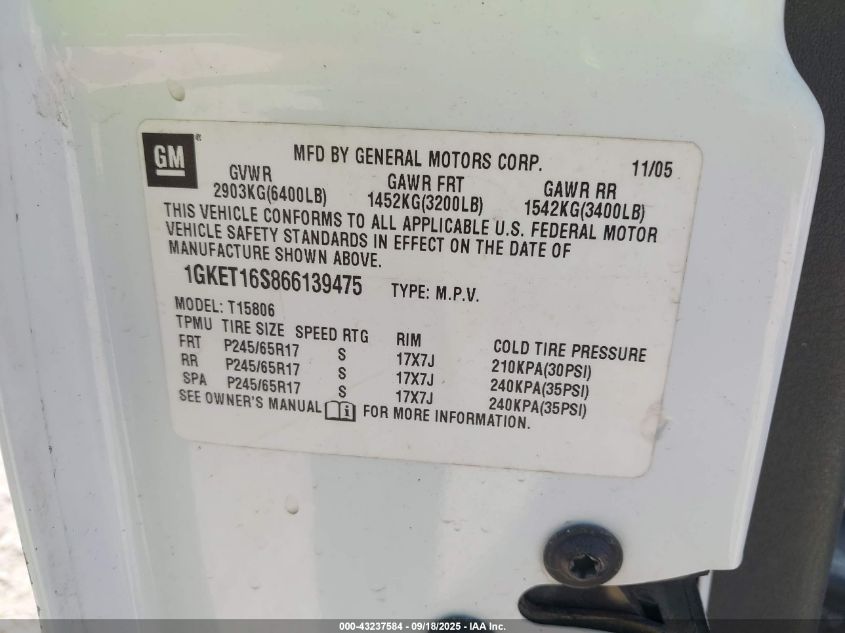 2006 GMC Envoy Xl Slt VIN: 1GKET16S866139475 Lot: 43237584