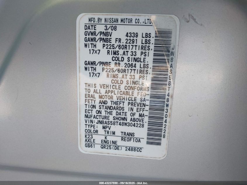 2008 Nissan Rogue Sl VIN: JN8AS58T48W304228 Lot: 43237598