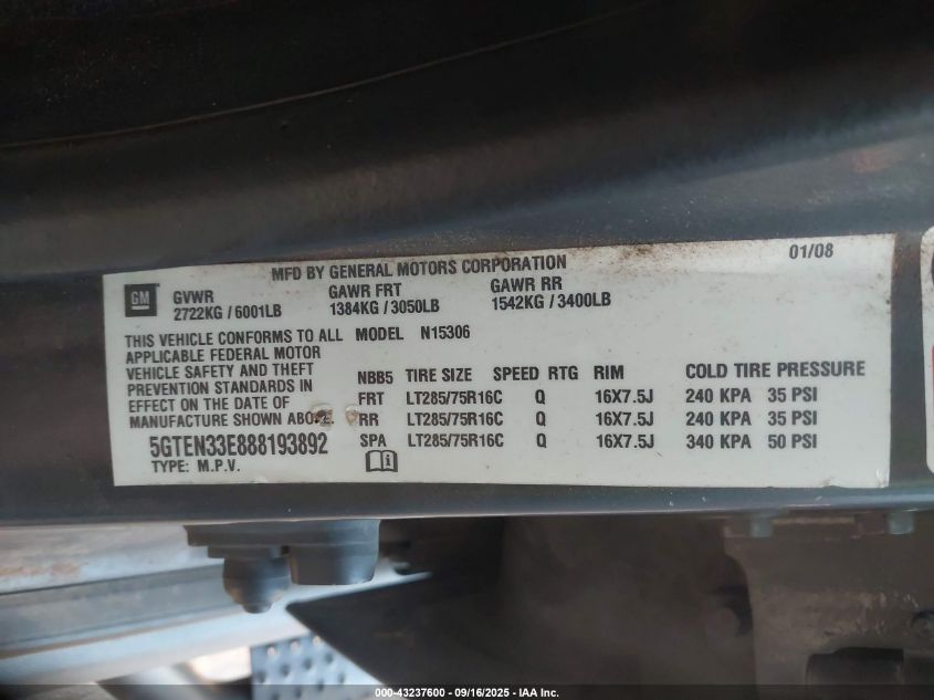 2008 Hummer H3 Suv VIN: 5GTEN33E888193892 Lot: 43237600