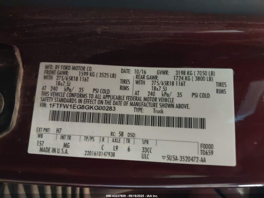 2016 Ford F150 Xlt VIN: 1FTFW1EG8GKG00283 Lot: 43237609