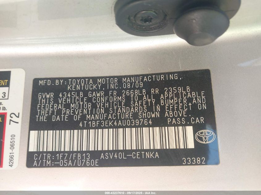 2010 Toyota Camry Le VIN: 4T1BF3EK4AU039764 Lot: 43237610