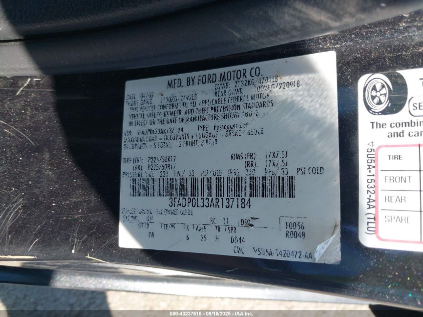 2010 Ford Fusion Hybrid VIN: 3FADP0L33AR137184 Lot: 43237616